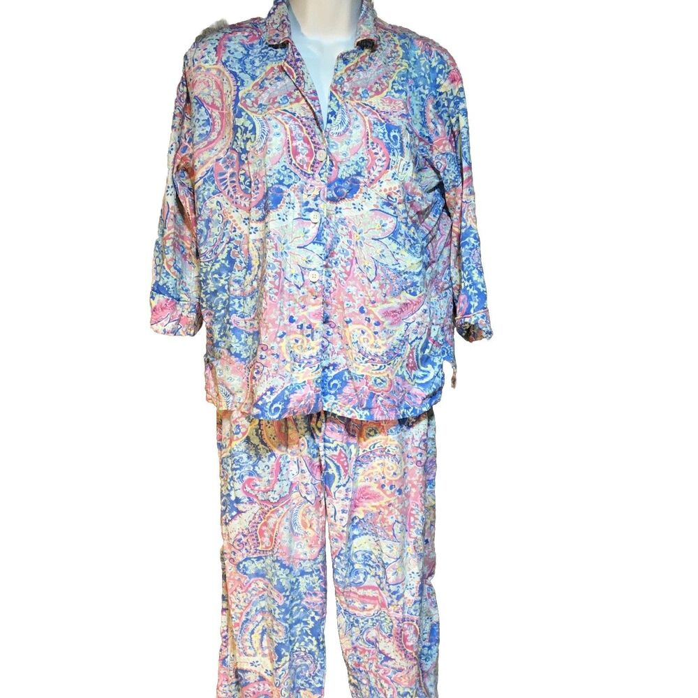 Lauren Ralph Lauren Pajama Set Small Blue Pink Paisley Monogram Lounge Timeless